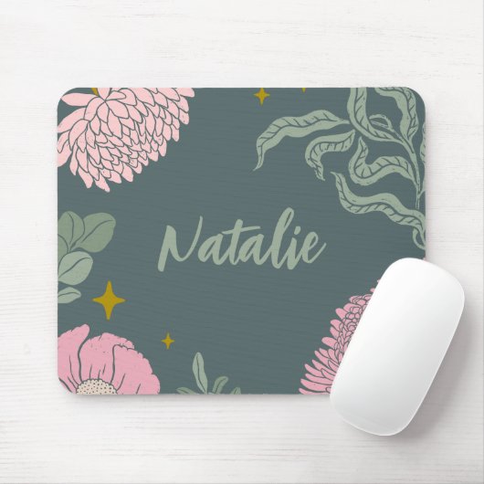 Elegant script monogram olijfgroen roze floral muismat (Met muis)