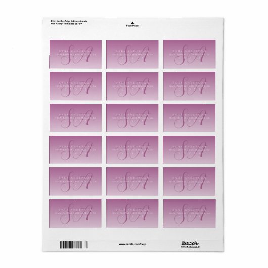 Elegant Script Monogram Ombre Mauve Retouradres Etiket (Full Sheet)