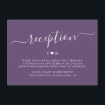 Elegant Script Monogram Paarse bruiloft receptie Informatiekaartje<br><div class="desc">Elegant Hand Lettered Script Eenvoudig Minimalistisch Eenvoudig Mauve Paarse Bruiloft Receptie Kaart. Met een paar monogram,  tussen met een liefde hart motifin wit op mauve,  stoffige paarse of lavendel kleur achtergrond.</div>