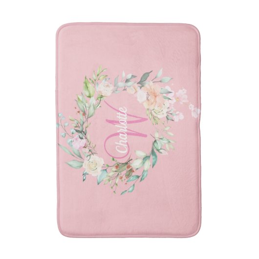 Elegant Script Monogram Rozen Floral Girly Pink Badmat (Voorkant Verticaal)