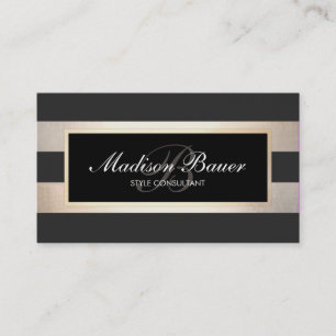 Elegant Script Monogram Striped Black Faux Gold Visitekaartje