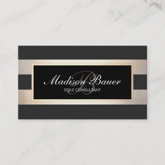 Elegant Script Monogram Striped Black Faux Gold Visitekaartje (Voorkant)