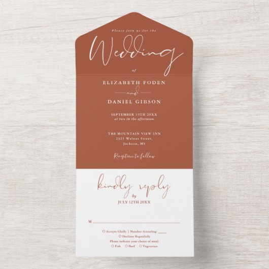 Elegant script Monogram Terracotta bruiloft All In One Uitnodiging (Binnen)