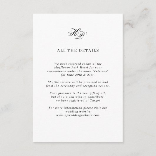 Elegant Script Monogram Witte bruiloft Details Informatiekaartje (Voorkant)