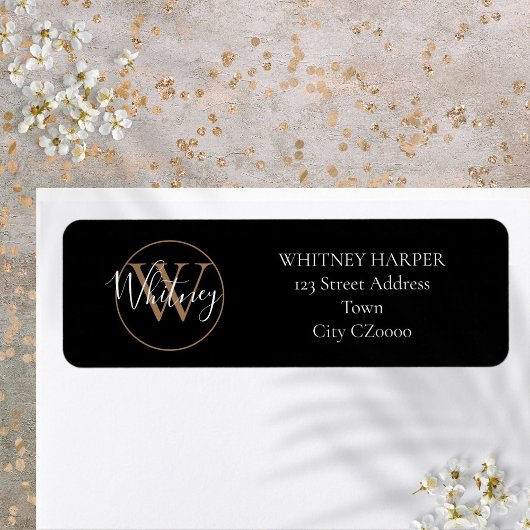 Elegant Script Monogram Zwart en Goud Adres Etiket