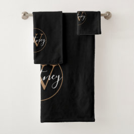 Elegant Script Monogram Zwart en Goud Bad Handdoek