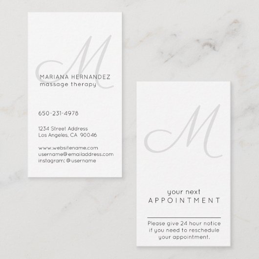 Elegant Script Monogram zwart en wit verticaal Afsprakenkaartje (Voorkant / Achterkant)