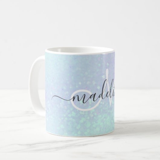 Elegant Script Monogrammmed Pastel Opal Koffiemok (Voorkant links)