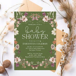 Elegant Script Moss Green Wildflower Baby shower Kaart