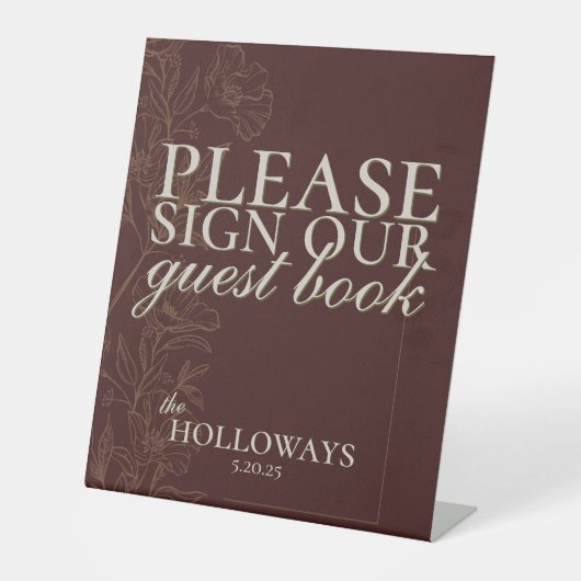Elegant Script Mousse Bruin bruiloft gastenboek Reclamebord Met Voetstuk (Voorkant)