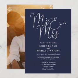 Elegant Script Mr And Mrs Foto Navyblauw Huwelijk Kaart