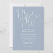 Elegant Script Mr And Mrs Foto Stof Blauw Bruiloft Kaart (Voorkant)