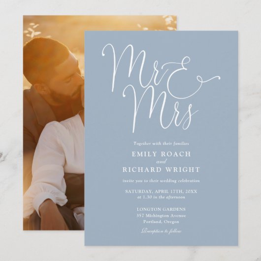 Elegant Script Mr And Mrs Foto Stof Blauw Bruiloft Kaart (Voorkant / Achterkant)