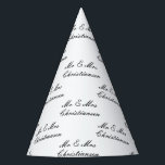 Elegant script Mr en Mrs bruiloft party cone pette Feesthoedjes<br><div class="desc">Elegant script Mr. en Mrs. bruiloftsfeest kegel petten. Leuke rekwisieten voor trendy bruiloft spelletjes en meer. Witte of aangepaste kleur. Leuke feestgunsten voor vrienden,  familie en gasten. Stijlvolle party petten met string. Voeg naam van bruid en bruidegom paar.</div>
