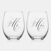Elegant script "Mr en Mrs" gepersonaliseerd Wijnglas Zonder Voet (Voorkant)