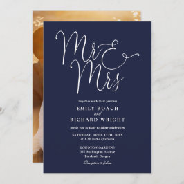 Elegant script Mr. en Mrs. Photo Navy Blue Wedding Kaart