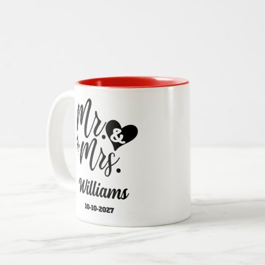 Elegant script Mr & Mrs Achternaam Pas getrouwd We Tweekleurige Koffiemok (Voorkant links)
