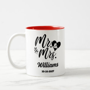 Elegant script Mr & Mrs Achternaam Pas getrouwd We Tweekleurige Koffiemok