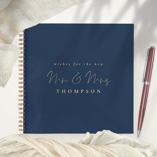 Elegant Script Mr. Mrs. Wedding Navy Gold Gastenbo Notitieboek