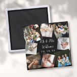 Elegant Script Mr Mrs Wedding Photo Collage Magnet<br><div class="desc">Geef uw favoriete trouwfoto's,  naam en speciale datum een persoonlijk tintje om een unieke foto-collage,  geheugen en geschenk te creëer. Een heerlijk koepel voor de schat! Ontworpen door: Thisnotme©</div>