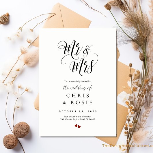 Elegant Script Mr. & Mrs Wedding Typography Uitnod Kaart