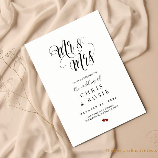 Elegant Script Mr. & Mrs Wedding Typography Uitnod Kaart