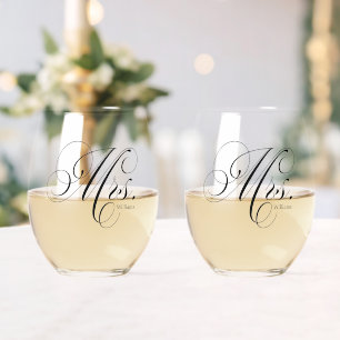 Elegant Script "Mrs en Mrs" Lesbisch Paar Wijnglas Zonder Voet