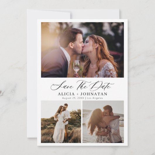 Elegant script multi fotocollage eenvoudige bruilo save the date (Voorkant)