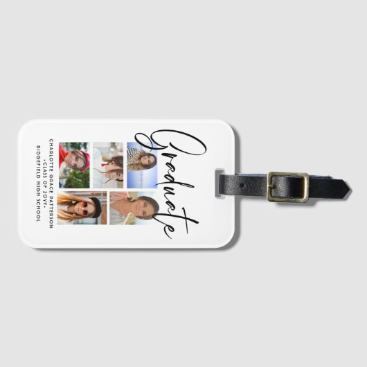 Elegant Script Multi Photo Afstuderen Afstuderen Bagagelabel (Voorkant (horizontaal))