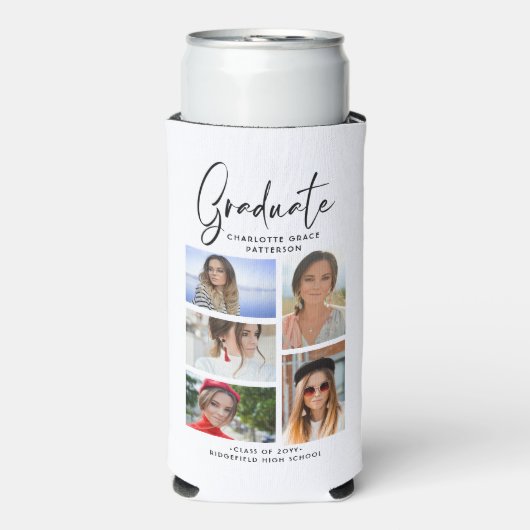Elegant Script Multi Photo Afstuderen Afstuderen Seltzer Blikjeskoeler (Seltzer Voorkant)