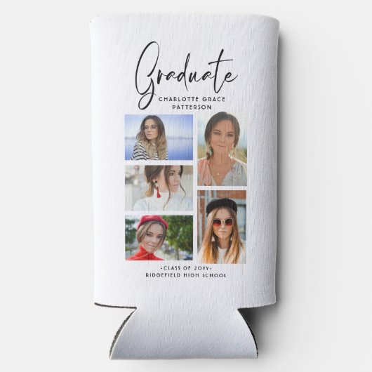 Elegant Script Multi Photo Afstuderen Afstuderen Seltzer Blikjeskoeler (Achterkant)