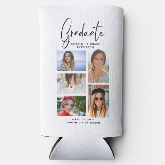 Elegant Script Multi Photo Afstuderen Afstuderen Seltzer Blikjeskoeler (Voorkant)