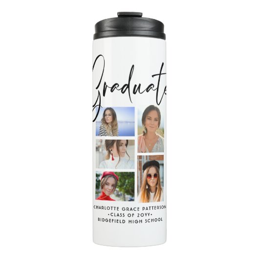 Elegant Script Multi Photo Afstuderen Afstuderen Thermosbeker (Voorkant)
