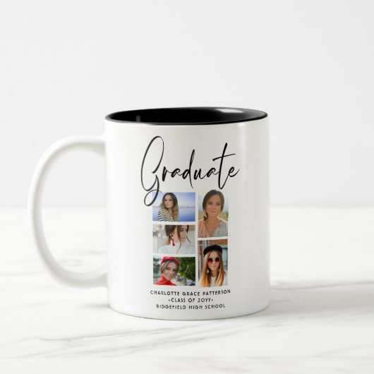 Elegant Script Multi Photo Afstuderen Afstuderen Tweekleurige Koffiemok (Links)