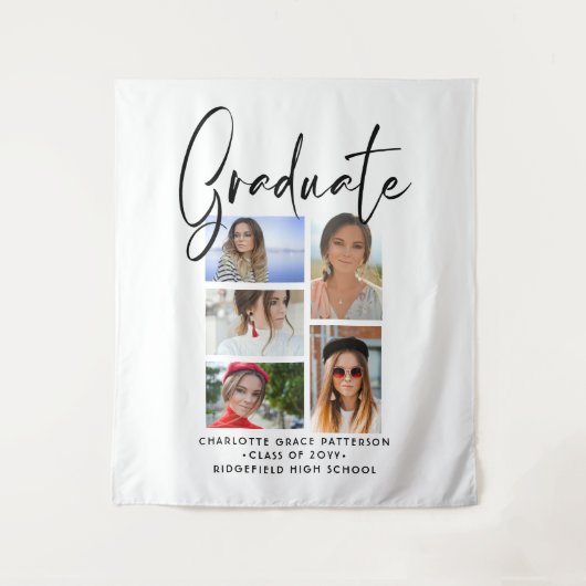 Elegant Script Multi Photo Afstuderen Afstuderen Wandkleed (Voorkant)