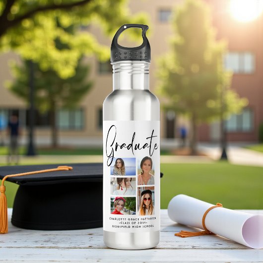 Elegant Script Multi Photo Afstuderen Afstuderen Waterfles