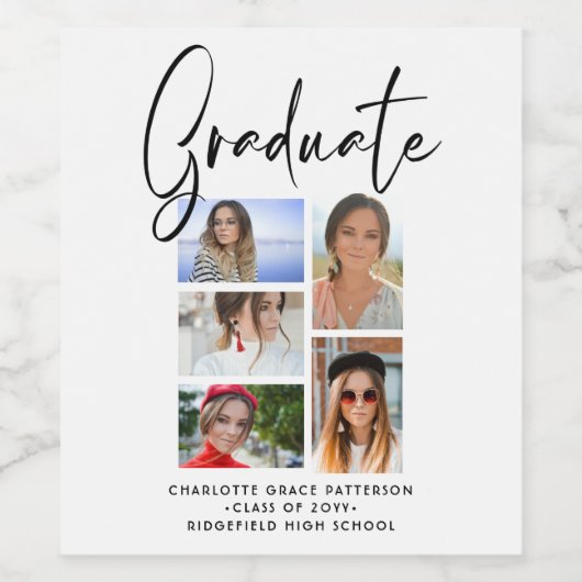 Elegant Script Multi Photo Afstuderen Afstuderen Wijn Etiket (Enkel label)