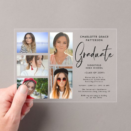 Elegant Script Multi Photo Graduparty Acryl Uitnodigingen (Insitu (Draagbaar))