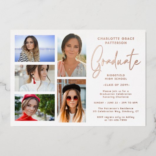 Elegant Script Multi Photo Graduparty Folie Uitnodiging (Voorkant)