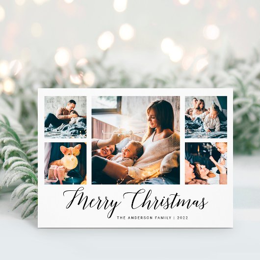 Elegant Script Multi Photo Grid | Vrolijk kerstfee Feestdagenkaart