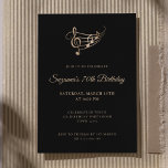 Elegant Script Muzieknoten Verjaardag Kaart<br><div class="desc">Deze bewerkbare elegante 70e verjaardagsuitnodiging is voorzien van een golvende notenbalk met muzieknoten en een drievoudige sleutel in faux gold op een zwarte achtergrond aangevuld met moderne scripttypografie. Perfect voor verjaardagsfeestjes voor volwassenen, muziekevenementen en muziekliefhebbers. Pas het aan met uw eigen tekst en gebruik de bewerkingstool om de lettergrootte en...</div>