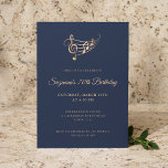 Elegant Script Muzieknoten Verjaardag Kaart<br><div class="desc">Deze bewerkbare elegante 70e verjaardagsuitnodiging is voorzien van een golvende notenbalk met muzieknoten en een drievoudige sleutel in faux gold op een blauwe achtergrond aangevuld met moderne scripttypografie. Perfect voor verjaardagsfeestjes voor volwassenen, muziekevenementen en muziekliefhebbers. Pas het aan met uw eigen tekst en gebruik de bewerkingstool om de lettergrootte en...</div>