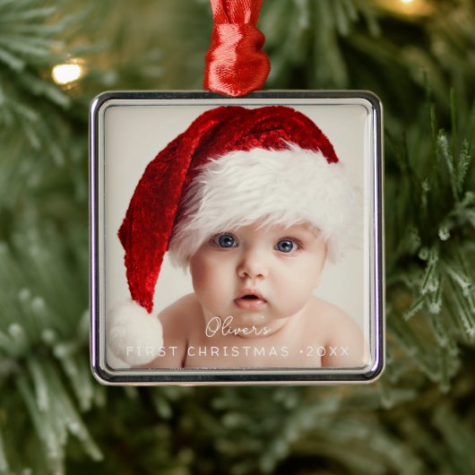 Elegant Script My 1st Christmas Baby's Photo Metalen Ornament (Boom)