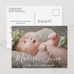 Elegant Script Name Baby Girl Foto geboorte Aankondigingskaart
