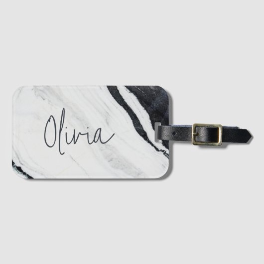 Elegant Script Name Black White Marble Travel Bagagelabel (Voorkant (horizontaal))
