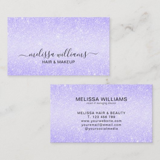 Elegant Script Name Chic Paars Glitter Visitekaartje (Voorkant / Achterkant)