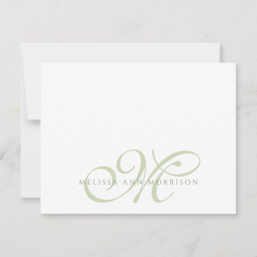 Elegant Script Name Green Monogram Flat Note Card Notitiekaartje (Voorkant)