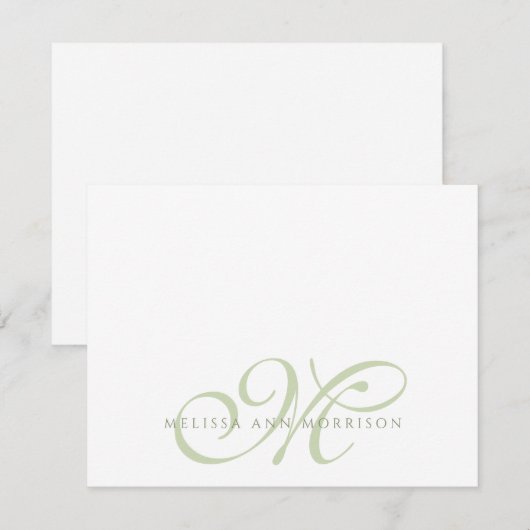 Elegant Script Name Green Monogram Flat Note Card Notitiekaartje (Voorkant / Achterkant)