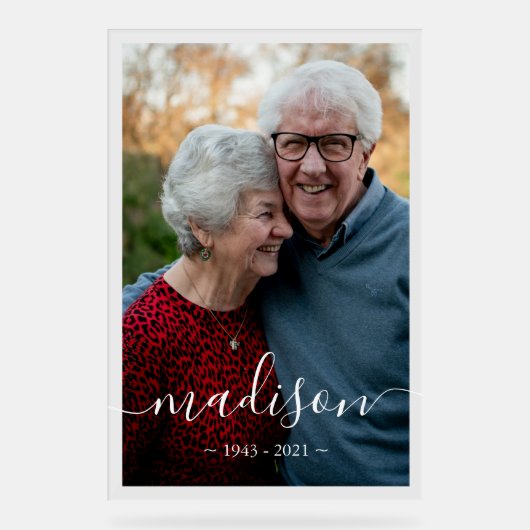 Elegant Script Name Photo Memorial Keepslag Acryl Bord (Voorkant)
