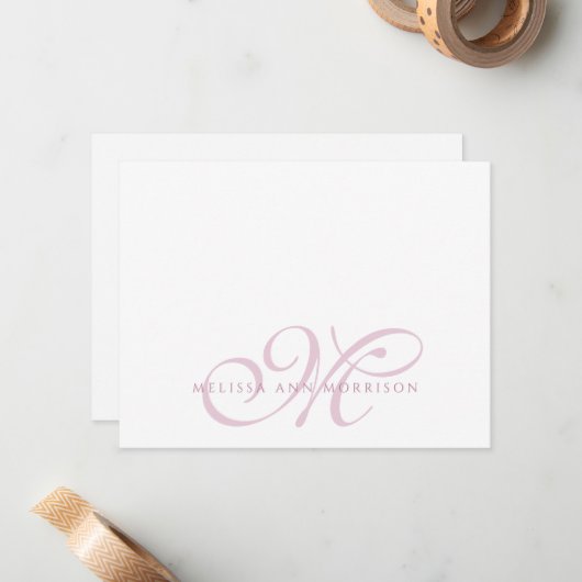 Elegant Script Name Pink Monogram Flat Note Card Notitiekaartje (Voorkant / Achterkant in situ)